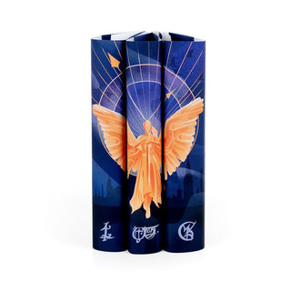 The Infernal Devices hardcovers wrapped in Juniper Books Jackets Only covers, forming one image across the spines.