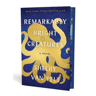 The front cover of the novel 'Remarkably Bright Creatures' by Shelby Van Pelt, featuring a deep blue background with a large gold octopus illustration and white text, shown on a white background.