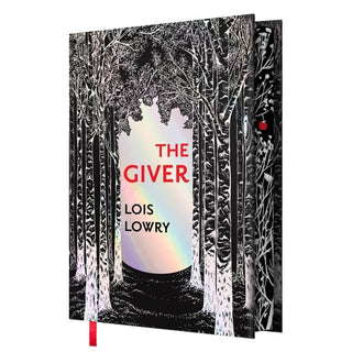 The Giver hardcover book by Lois Lowry, featuring a black and white birch forest illustration with a red title and a small red bookmark ribbon, shown on a plain white background.
