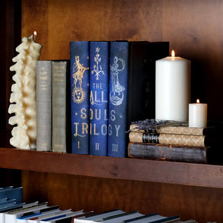 Full All Souls Trilogy shown here on a shelf. Juniper Books custom specialty dust jackets